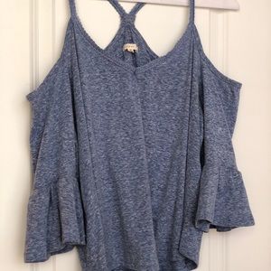 Blue cold shoulder T-shirt with ruffle sleeve